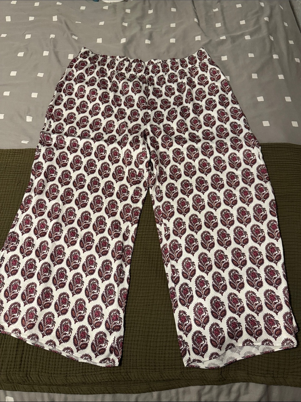 J. Crew Floral Paisley Silky Pants in White, Burgundy and Tan